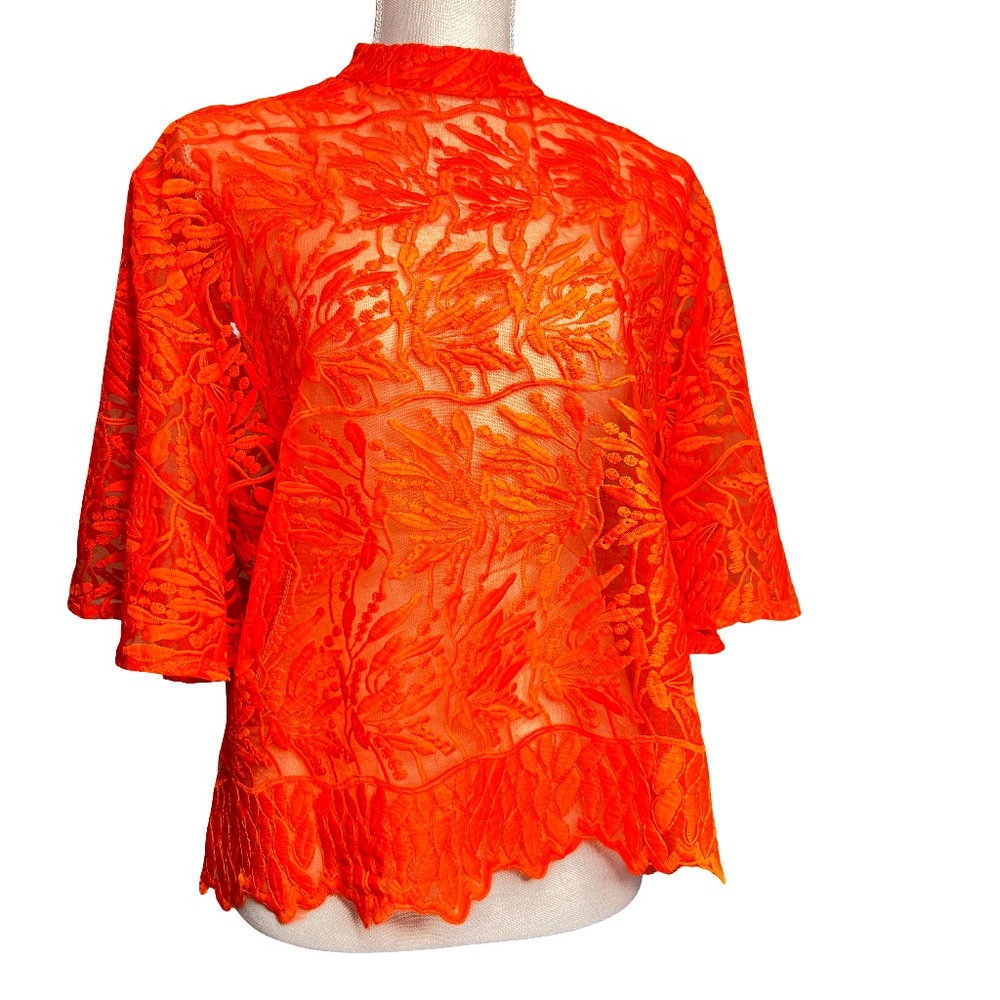#A109   N by Nancy  Modern Glam  Orange Sheer  Embroidered Blouse  NWT S
